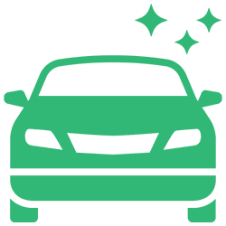 Green icon of a car with sparkle effects.