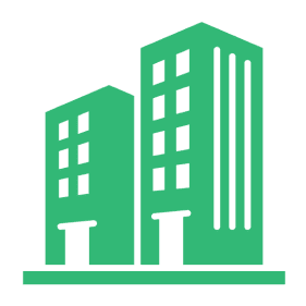 Green icon of a multi-story building with windows and doors.