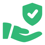 Green hand holding a shield with a checkmark symbolizing security.