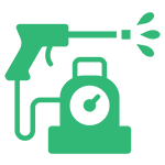 Icon of a green pressure washer spraying water.