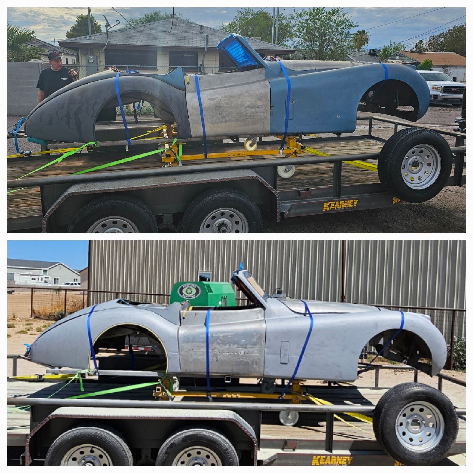 Two vintage race cars on trailers, one painted silver and blue.