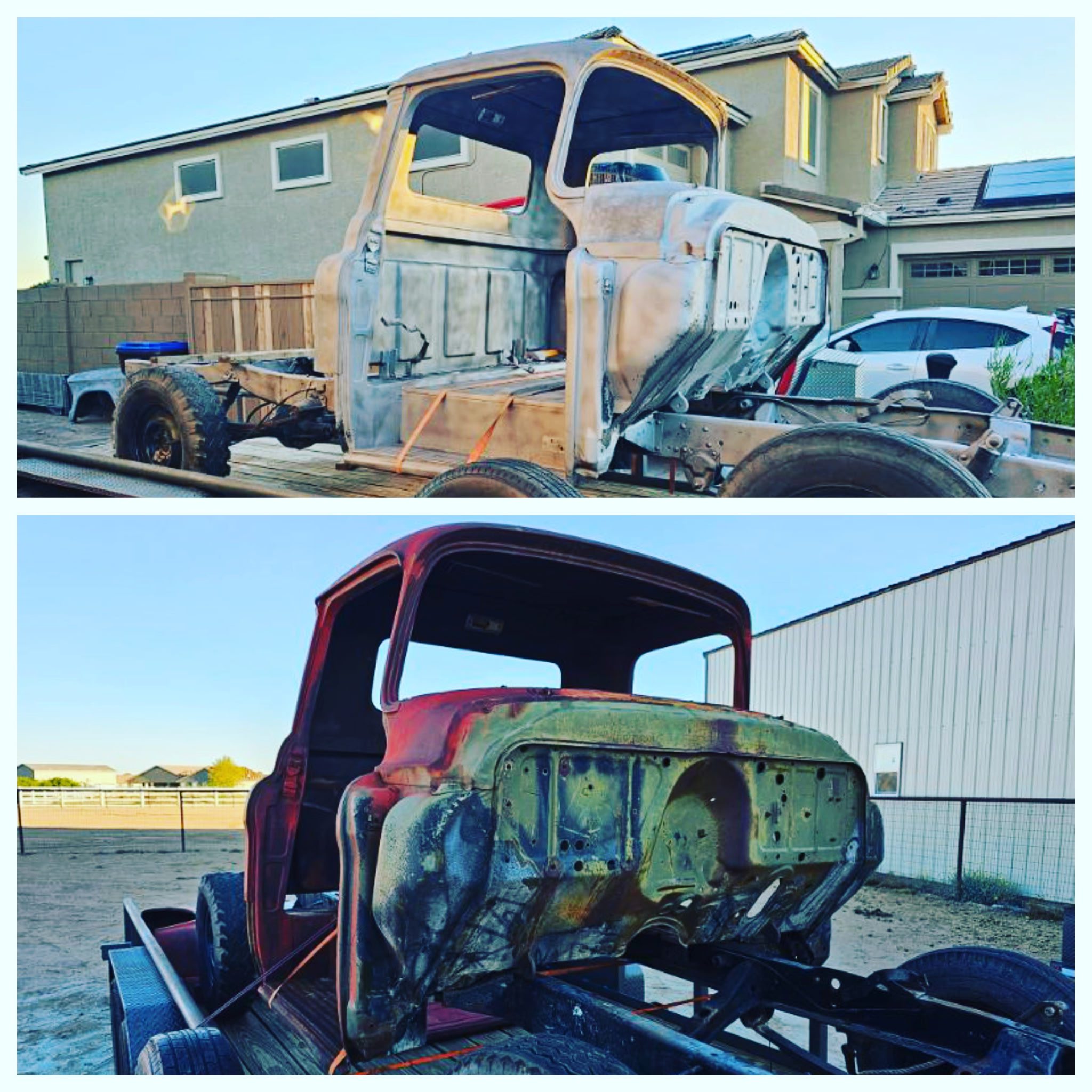 Two trucks in different restoration stages parked outdoors.
