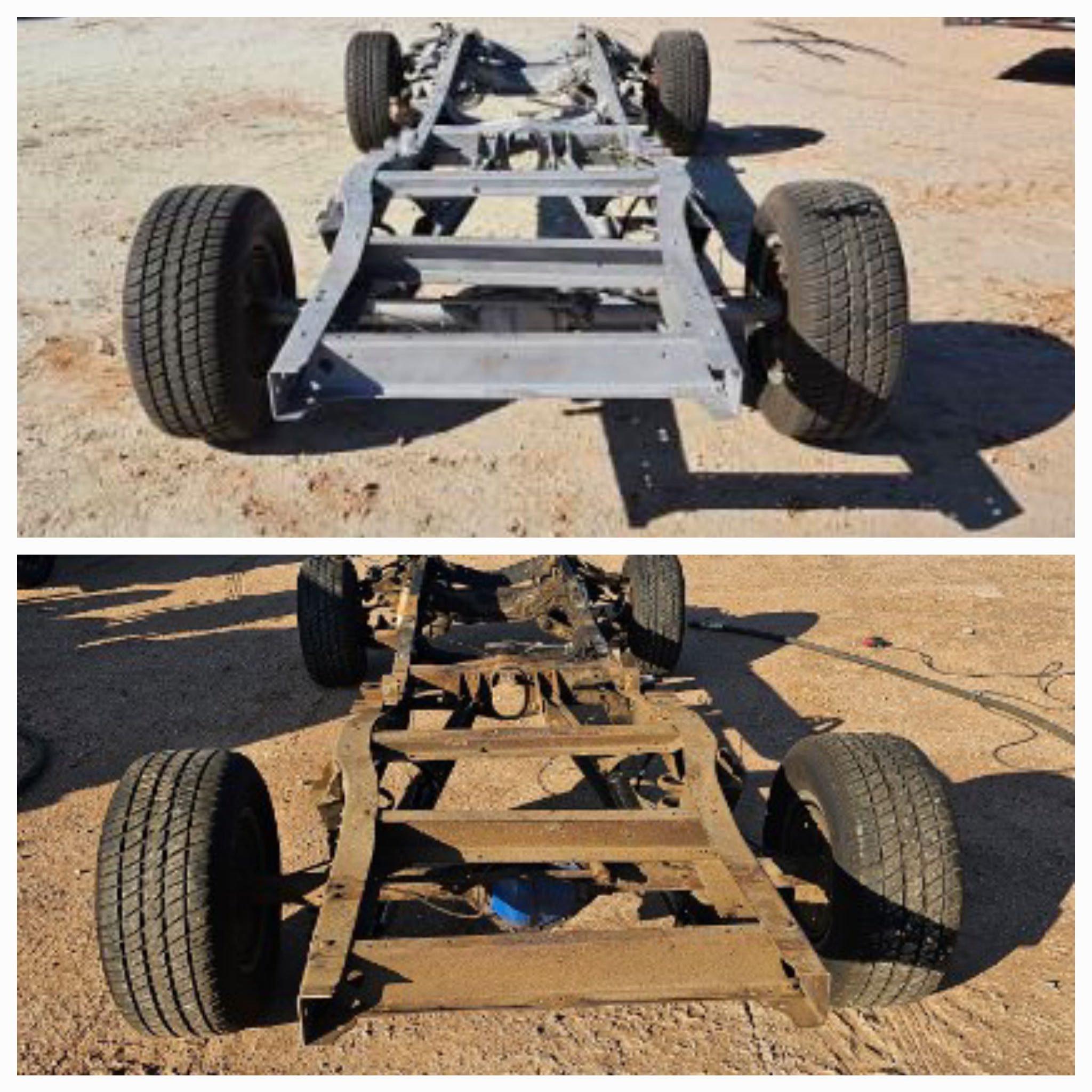 Comparison of a clean and rusted car chassis with wheels in a sandy area.