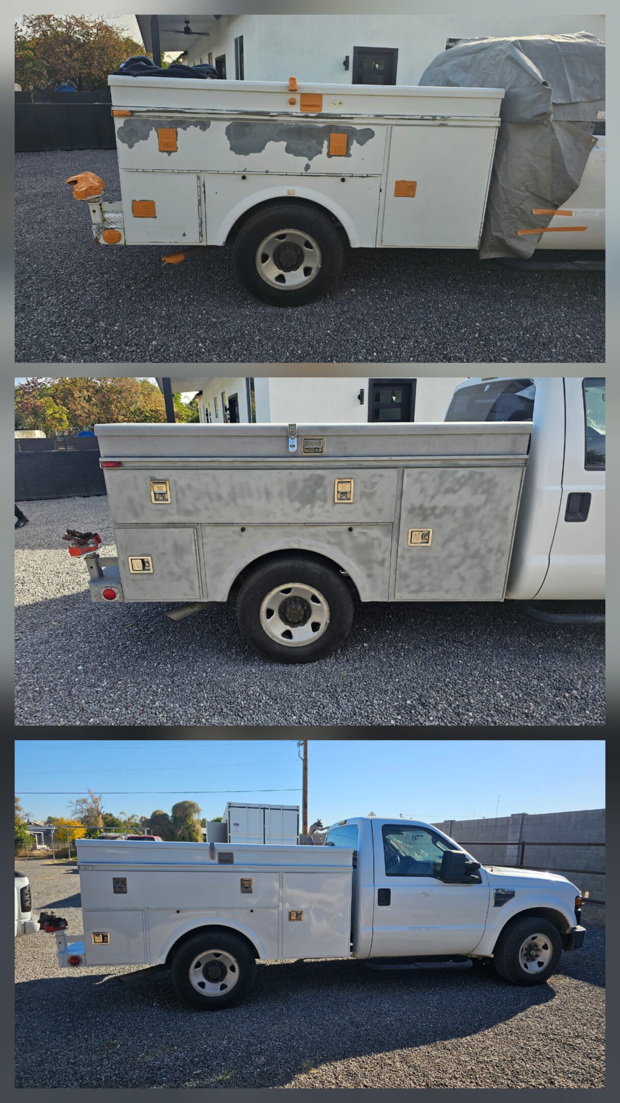 A white utility truck with multiple storage compartments parked on a street.