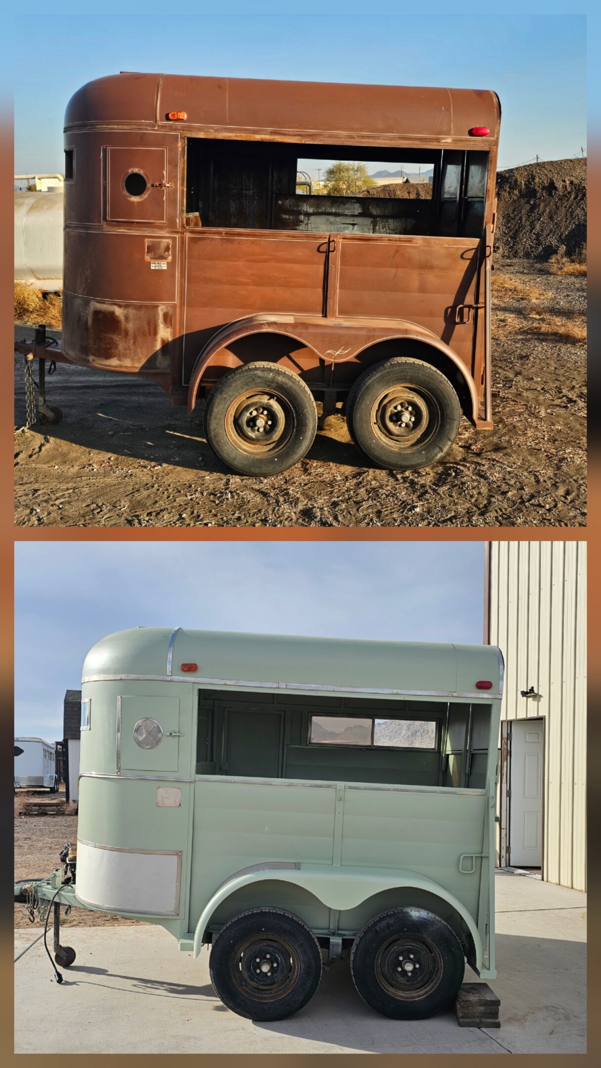 Two trailers in different conditions: one rusty and worn, one older but intact.