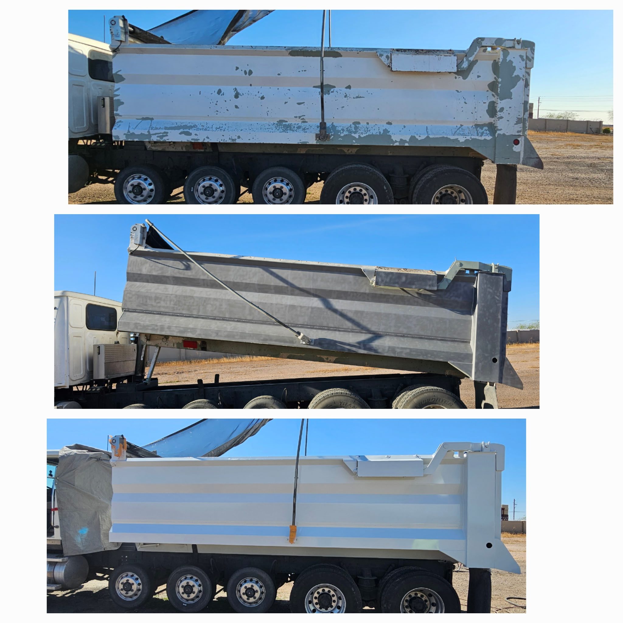 Three different views of a large white dump truck with six wheels.
