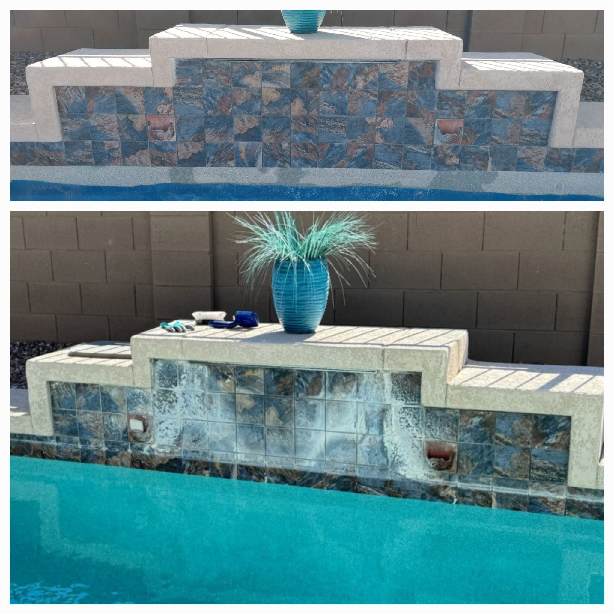 Decorative pool waterfall feature with mosaic tiles and blue vase.
