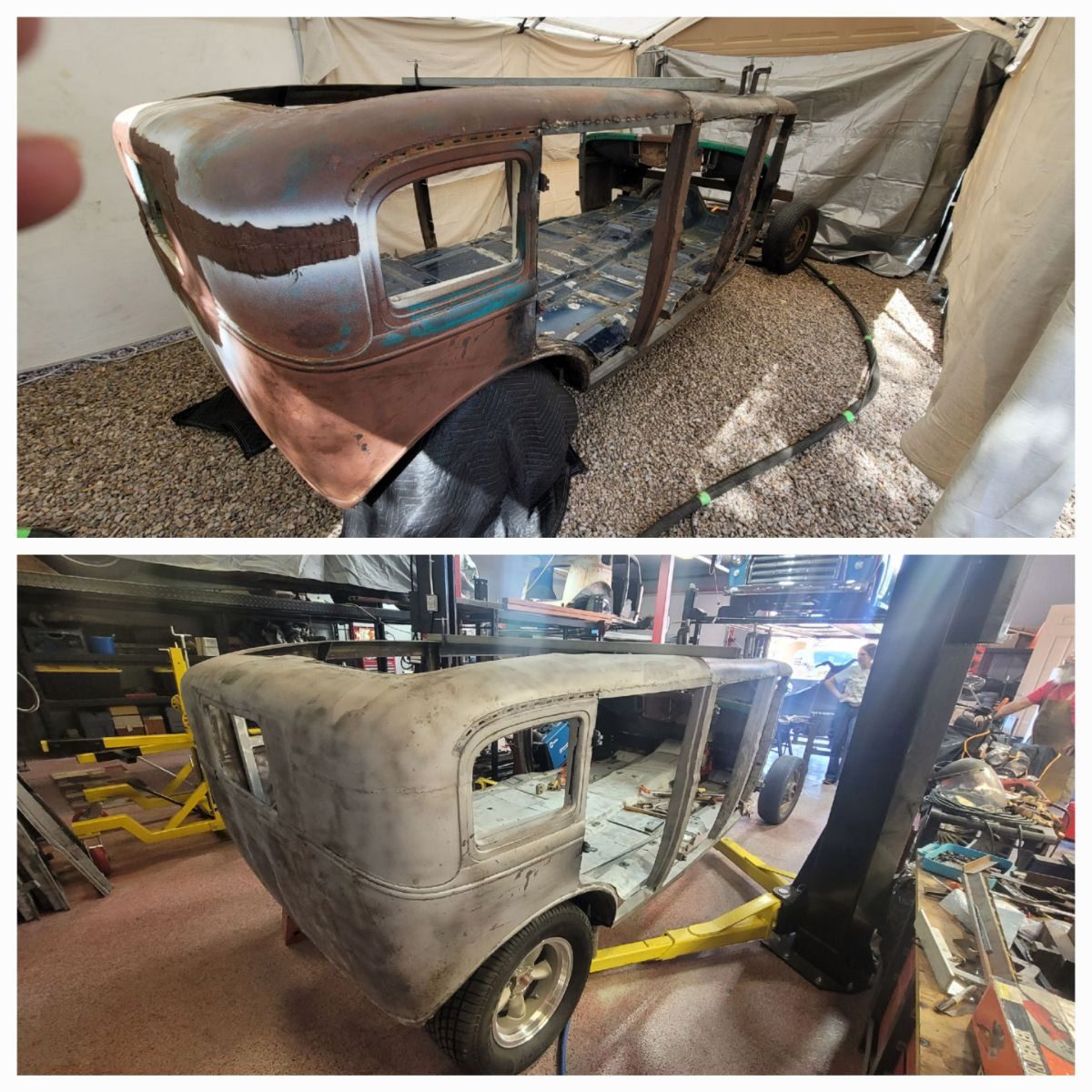 Two vintage car bodies in different stages of restoration inside a workshop.