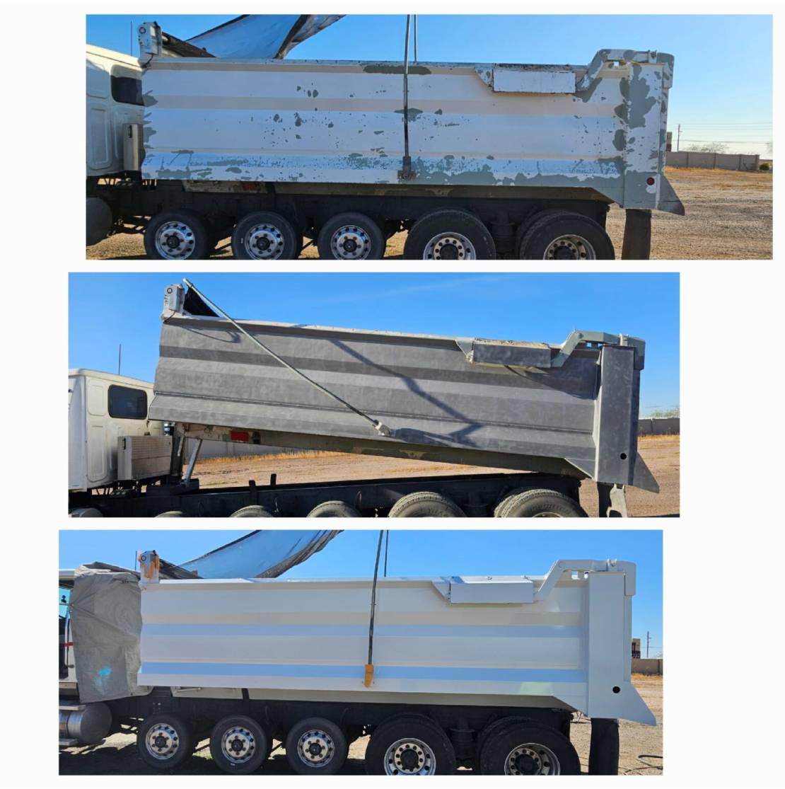 A large white dump truck with a hydraulic bed lifting mechanism in different stages.