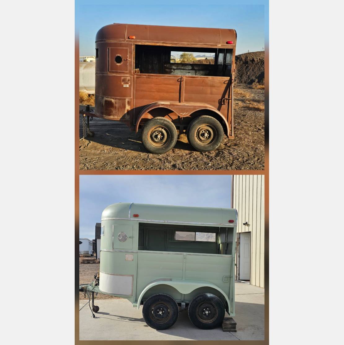 Before and after photos of a restored horse trailer.