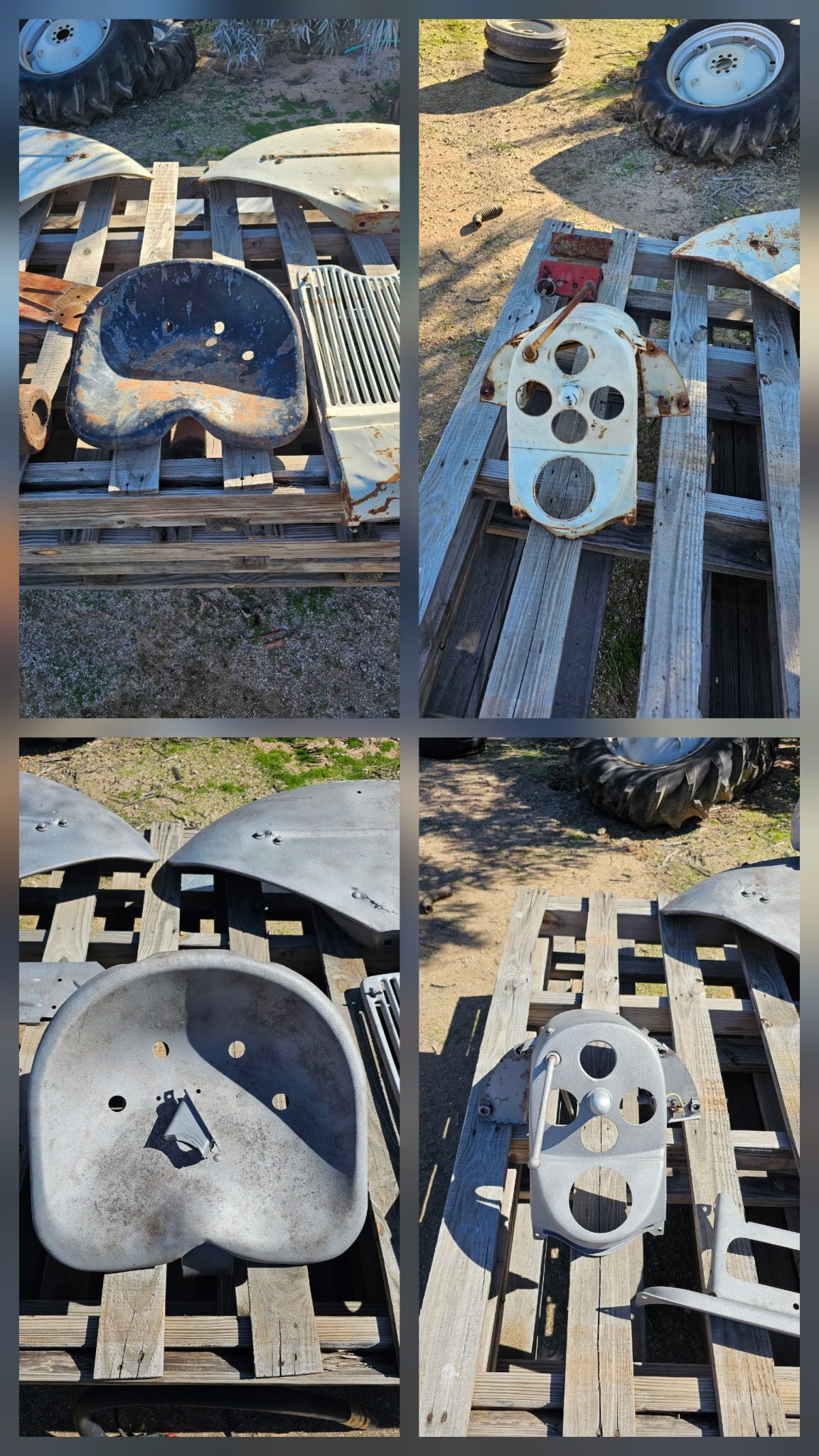 Close-up shots of a mechanical pulley system on metal tracks outdoors.